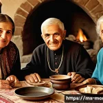 몬테네그로 세르비아 관계 - **"Timeless Brotherhood: A Shared Meal Across Generations"**
A heartwarming indoor scene featuri...